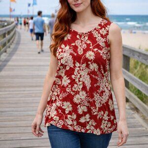 J. Jill Wearever Women’s Floral Tank Top Red Beige‎ Sleeveless Travel Size L
